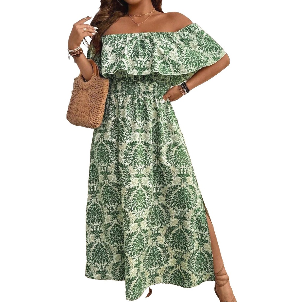 Floral Palm Ruffle Off Shoulder Maxi Dress XL Smocked Beach Bohemian Resortwear